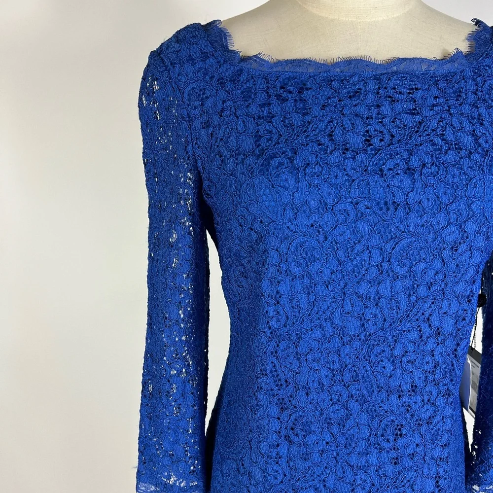 NWT ADRIANNA PAPELL Long Sleeve Cobalt Blue Lace Dress Womens 6 - Picture 3 of 8